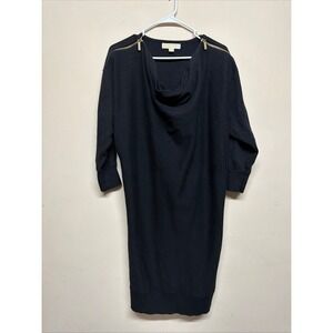 MICHAEL KORS Black Cowl Neck Sweater Dress Gold Zipper Detail Size L Knit Midi